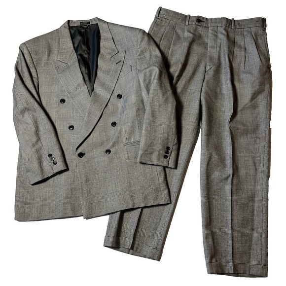 Domani Uomo Houndstooth Plaid 100% Wool Suit Set Black White Blazer Dress Pants - Picture 1 of 15